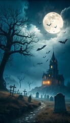 Fototapeta premium Haunting Moonlit Graveyard with Gothic Castle and Bats V8