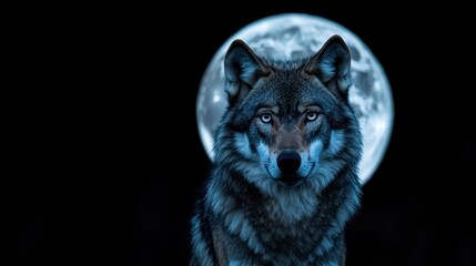Fototapeta premium Majestic wolf under a bright full moon at night