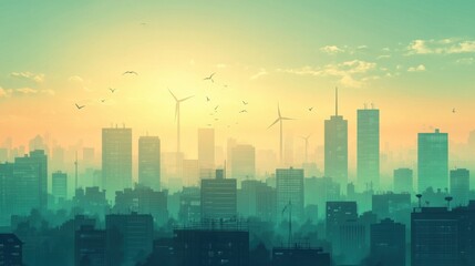 A green city skyline with wind turbines on rooftops and solar panels integrated into buildings, promoting net zero living