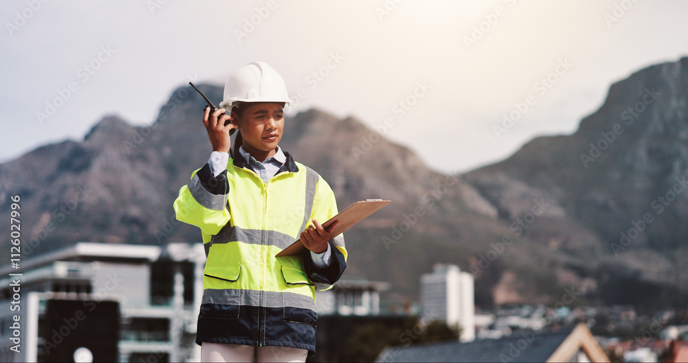 Poster radio, engineer and checklist with woman in city for architecture, building or communication. constr