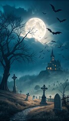 Fototapeta premium Haunting Moonlit Graveyard with Gothic Castle and Bats V9