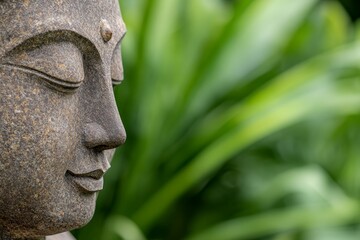Fototapeta premium Serene stone buddha statue with lush green foliage in background