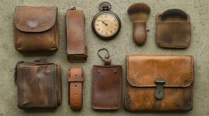 Vintage leather goods and accessories flat lay.