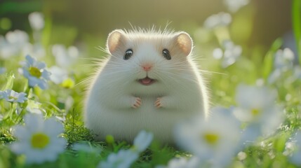 Fluffy white hamster sits in daisies. Perfect for pet, spring, or nature themes; evokes joy and innocence.