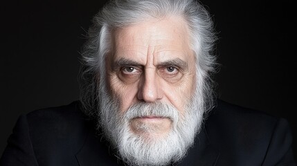 Senior Man Portrait  Mature Male  Grey Hair  Long Beard  Serious Expression  Close up Face