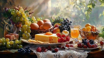 Fruit table food egg plate cheese buffet breakfast meal morning, High Resolution 8k