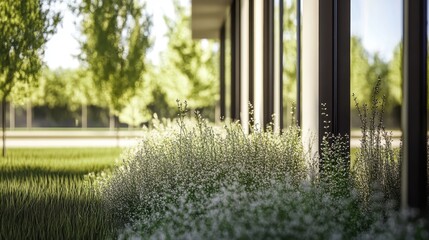 Fototapeta premium Tranquil Garden Oasis: A Serene Landscape Embraced by Nature
