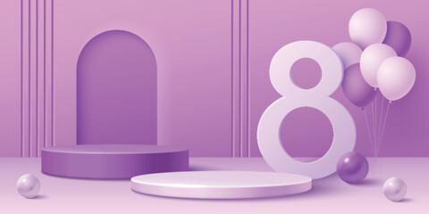 Purple pastel 8 March scene with large number eight stand near two cylinder podiums, decorative balls, floating balloons. International Women Day celebration or promotion template with product display
