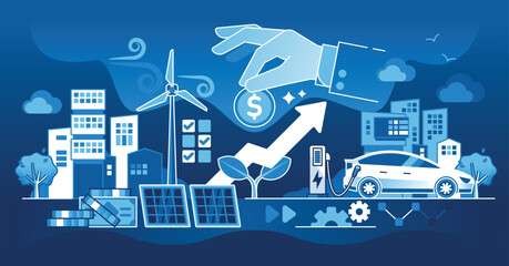 Renewable energy investment is depicted with a hand holding a coin, solar panels, and a wind turbine. Dark theme outline style illustration.