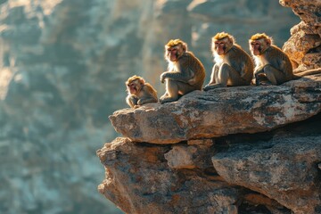 Obraz premium Curious Barbary macaque monkeys huddled together on a rugged rocky outcrop their inquisitive faces and nimble gestures captured with a shallow depth of field evoking a timeless 