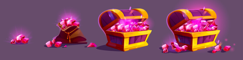Fantasy treasure game elements - glowing ping diamond in pile, bag, open wooden chest full and overflowing of gems. Progress steps of shimmering gemstones heap growing for adventure and pirate gui. © klyaksun