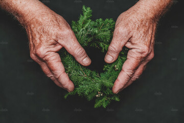 Two hands holding a wreath of green leaves