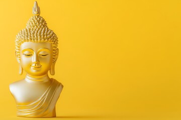 Golden buddha statue on bright yellow background with peaceful expression