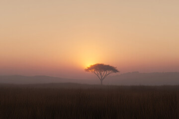 Obraz premium A tree stands in a field of tall grass, with the sun setting in the background