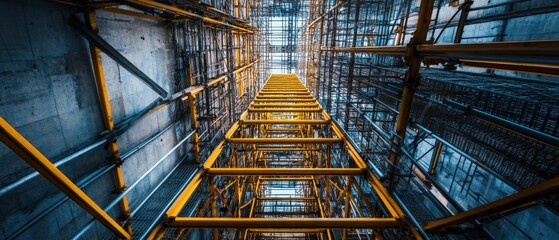 looking up at construction scaffolding in a modern building