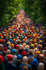 Obraz premium A large group of people wearing colorful hats walking down a street