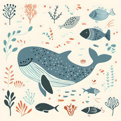 A blue whale is smiling in the middle of a painting of fish
