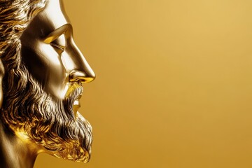 Golden statue of a bearded man's profile on yellow background