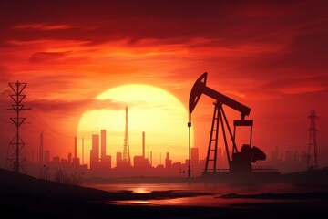 Silhouette of oil pumpjack against sunset skyline with industrial silhouettes