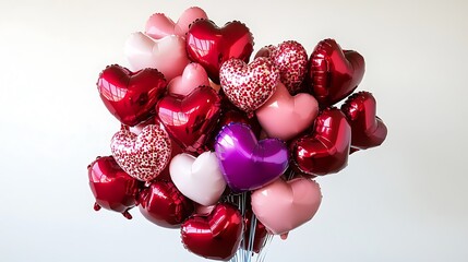 A cluster of red, pink, and purple heart-shaped balloons against a white background.