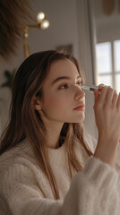 Obraz premium Woman applying oil to face with dropper