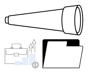 Telescope, black folder, business briefcase, and financial growth charts with rising arrows and coin. Ideal for business strategy, financial planning, investment, research, forecasting organization