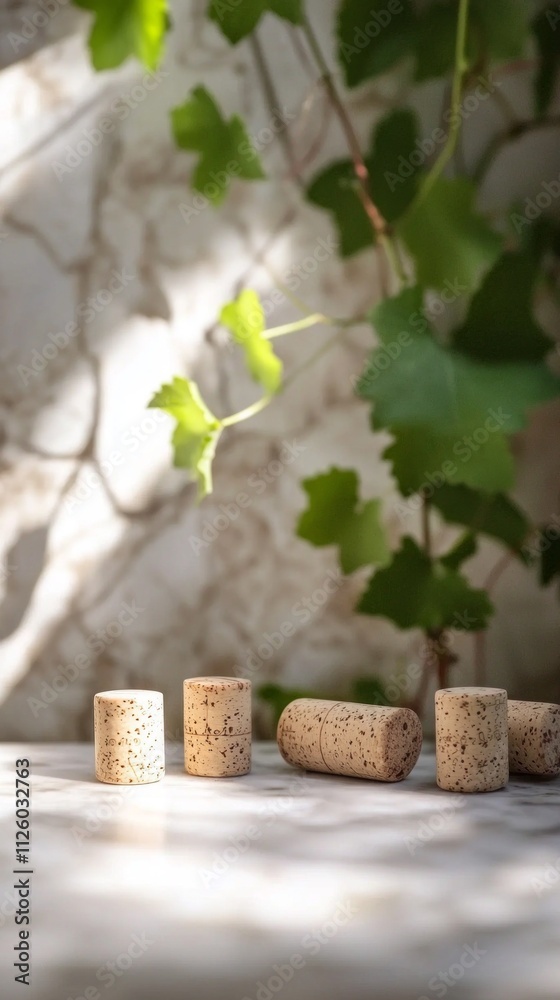 Poster A collection of wine corks is artfully displayed against a backdrop of soft greenery, capturing a moment of tranquility in an intimate corner. Natural light creates a warm ambiance