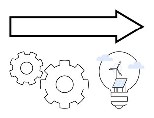 Gear cogs, a light bulb with a solar panel and wind turbine, and an arrow indicating direction. Ideal for renewable energy, innovation, engineering, industry, sustainability, progress and future