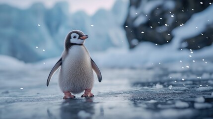 Obraz premium Adorable Penguin Chick on Icy Ground Amidst Gentle Snowfall in Antarctica