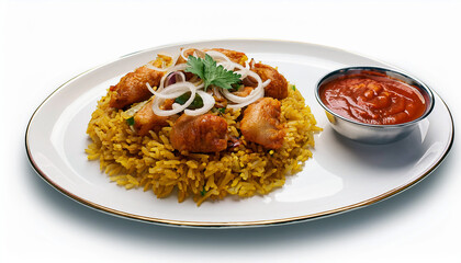 Fototapeta premium Delicious Chicken Biryani with Spicy Sauce Indian Cuisine Food Photography