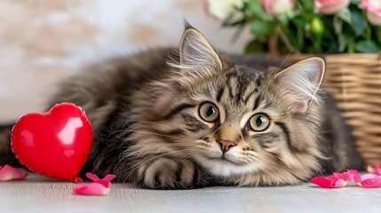 Adorable Feline Playing with Heart Shaped Balloon Amidst Rose Petals
