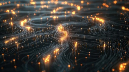 Obraz premium A digital grid with glowing nodes and lines forming a conceptual neural network structure, symbolizing deep learning