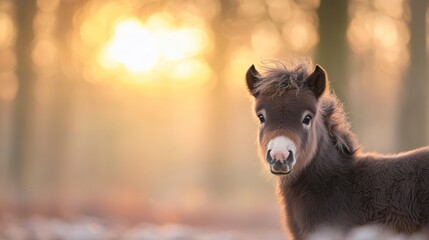 Fototapeta premium Adorable Pony Foal at Sunset Golden Hour Fluffy Mane Forest Background