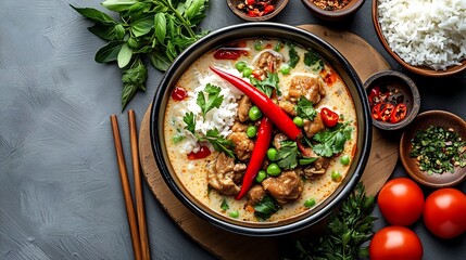 Appetizing Close up of Fragrant Thai Tom Kha Gai Chicken Coconut Soup with Aromatic Herbs