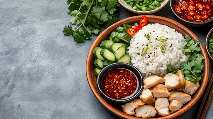 Appetizing Thai Khao Man Gai Dish with Rice Chicken and Aromatic Garnishes on Neutral Background
