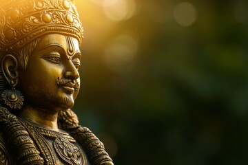 Golden hindu deity statue with sunlight and green background