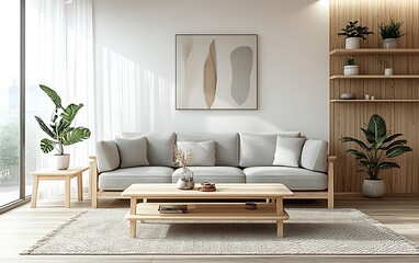 Minimalist living room interior with gray sofa, wooden furniture, and plants.