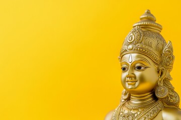 Golden hindu deity statue on vibrant yellow background