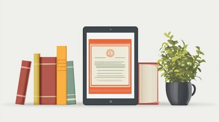 Modern Digital Tablet on Workspace with Books and Plant