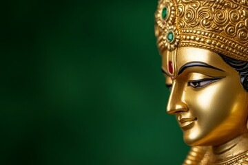 Golden hindu goddess statue with ornate headdress against green background