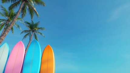 Vibrant Surfboards Leaning on Palm Trees  Tropical Beach Scene  Summer Vacation