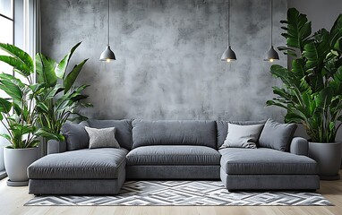 Modern living room with gray sectional sofa, plants, and concrete wall.