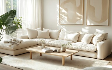 Cozy beige sectional sofa in sunlit minimalist living room.