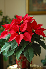 A red poinsettia plant in a red pot on a table