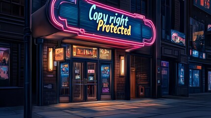 Naklejka premium Neon Cinema Hallway with Warm Lighting and Art Style