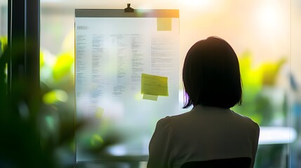 Person standing in front of a job listings board, scanning opportunities with a focused expression. The scene conveys the pursuit of career advancement and the search for meaningful employment.
