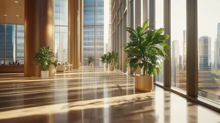 Fototapeta premium Elegant Corporate Office Lobby with Tall Glass Windows and Plants