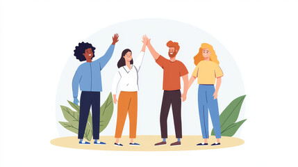 Diverse team of professionals celebrating success with high fives, showcasing teamwork and collaboration in positive environment. Their expressions reflect joy and unity
