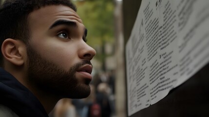 Person standing in front of a job listings board, scanning opportunities with a focused expression. The scene conveys the pursuit of career advancement and the search for meaningful employment.