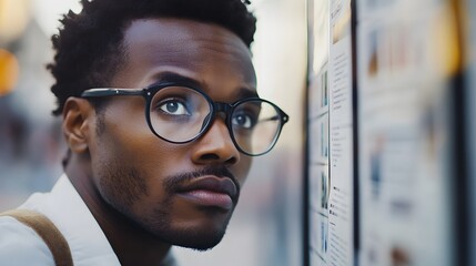 Person standing in front of a job listings board, scanning opportunities with a focused expression. The scene conveys the pursuit of career advancement and the search for meaningful employment.